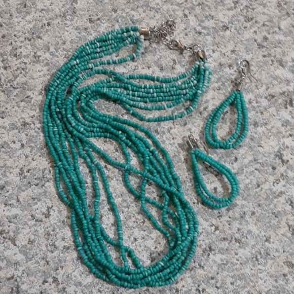 Necklace Earring Tiny Seed Bead Turquoise Color - Picture 3 of 5